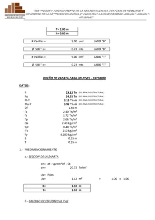 ”SUSTITUCION Y REFORZAMIENTO DE LA INFRAESTRUCTURA, DOTACION DE MOBILIARIO Y 
EQUIPAMIENTO DE LA INSTITUCION EDUCATIVA N° 54004 FRAY ARMANDO BONIFAZ-ABANCAY-ABANCAY-APURIMAC” 
T= 2.00 m 
h= 0.60 m 
# Varillas = 9.00 und LADO "B" 
Ø 5/8 '' e= 0.23 mts LADO "B" 
# Varillas = 9.00 cm² LADO "T" 
Ø 5/8 '' e= 0.23 mts LADO "T" 
DISEÑO DE ZAPATA PARA UN NIVEL - EXTERIOR 
DATOS: 
P 23.12 Tn (DEL ANALISIS ESTRUCTURAL) 
Pu 34.75 Tn (DEL ANALISIS ESTRUCTURAL) 
M-Y 3.18 Tn-m (DEL ANALISIS ESTRUCTURAL) 
Mu-Y 3.97 Tn-m (DEL ANALISIS ESTRUCTURAL) 
Df 1.40 m 
Γc 2.40 Tn/m³ 
Γs 1.72 Tn/m³ 
Γp 2.06 Tn/m³ 
Qa 2.40 kg/cm² 
S/C 0.40 Tn/m² 
F'c 210 kg/cm² 
Fy 4,200 kg/cm² 
B 0.55 m 
T 0.55 m 
1.- PREDIMENCIONAMIENTO 
a.- SECCION DE LA ZAPATA 
σn= σt - γprom*Df - SC 
σn= 20.72 Tn/m2 
Az= P/σn 
Az= 1.12 m2 = 1.06 x 1.06 
B= 1.10 m 
T= 1.10 m 
b.- CALCULO DE ESFUERZO q1 Y q2 
 