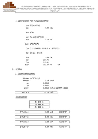 ”SUSTITUCION Y REFORZAMIENTO DE LA INFRAESTRUCTURA, DOTACION DE MOBILIARIO Y 
EQUIPAMIENTO DE LA INSTITUCION EDUCATIVA N° 54004 FRAY ARMANDO BONIFAZ-ABANCAY-ABANCAY-APURIMAC” 
e.- VERIFICACION POR PUNZONAMIENTO 
bo= 2*(b+t+2*d) 
bo= 4.29 mts 
Vu< ø*Vc 
Vu= Pu-qu(b+d)*(t+d) 
Vu= 2.15 Tn 
øVc= ø*Dc*bo*d 
Dc= 0.27*(2+4/Bc)*f'c^0.5 o 1.1*f'c^0.5 
Bc= b/t ≤ 2 OK !!!! 
Bc= 1.00 OK 
Dc= 234.76 
Dc= 159.41 
øVc= 303.34 Tn OK 
2.- DISEÑO 
f.- DISEÑO POR FLEXION 
Mmax= qu*B*lv^2/2 
Mmax= 3.59 Tn-m 
ω= 0.0050 
ρ= 0.0002 
ρmin= 0.0018 (R.N.E. NORMA E.060) 
As - "B"= 13.16 cm² 
DIMENCIONES 
B= 1.40 m 
T= 1.40 m 
h= 0.60 m 
# Varillas = 7.00 und LADO "B" 
Ø 5/8 '' e= 0.20 mts LADO "B" 
# Varillas = 7.00 cm² LADO "T" 
Ø 5/8 '' e= 0.20 mts LADO "T" 
 