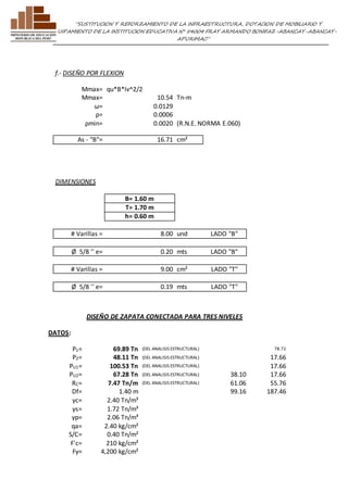 ”SUSTITUCION Y REFORZAMIENTO DE LA INFRAESTRUCTURA, DOTACION DE MOBILIARIO Y 
EQUIPAMIENTO DE LA INSTITUCION EDUCATIVA N° 54004 FRAY ARMANDO BONIFAZ-ABANCAY-ABANCAY-APURIMAC” 
f.- DISEÑO POR FLEXION 
Mmax= qu*B*lv^2/2 
Mmax= 10.54 Tn-m 
ω= 0.0129 
ρ= 0.0006 
ρmin= 0.0020 (R.N.E. NORMA E.060) 
As - "B"= 16.71 cm² 
DIMENSIONES 
B= 1.60 m 
T= 1.70 m 
h= 0.60 m 
# Varillas = 8.00 und LADO "B" 
Ø 5/8 '' e= 0.20 mts LADO "B" 
# Varillas = 9.00 cm² LADO "T" 
Ø 5/8 '' e= 0.19 mts LADO "T" 
DISEÑO DE ZAPATA CONECTADA PARA TRES NIVELES 
DATOS: 
P1= 69.89 Tn (DEL ANALISIS ESTRUCTURAL) 
78.72 
P2= 48.11 Tn (DEL ANALISIS ESTRUCTURAL) 
17.66 
PU1= 100.53 Tn (DEL ANALISIS ESTRUCTURAL) 
17.66 
PU2= 67.28 Tn (DEL ANALISIS ESTRUCTURAL) 
38.10 17.66 
RC= 7.47 Tn/m (DEL ANALISIS ESTRUCTURAL) 
61.06 55.76 
Df= 1.40 m 
99.16 187.46 
γc= 2.40 Tn/m³ 
γs= 1.72 Tn/m³ 
γp= 2.06 Tn/m³ 
qa= 2.40 kg/cm² 
S/C= 0.40 Tn/m² 
F'c= 210 kg/cm² 
Fy= 4,200 kg/cm² 
 