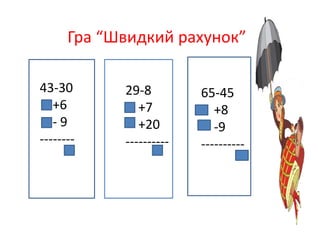 Гра “Швидкий рахунок” 
43-30 
+6 
- 9 
-------- 
29-8 
+7 
+20 
---------- 
65-45 
+8 
-9 
---------- 
 