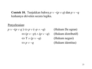 25 
Contoh 10. Tunjukkan bahwa p  ~(p  q) dan p  ~q 
keduanya ekivalen secara logika. 
Penyelesaian: 
p  ~(p  q )  p  (~p  ~q) (Hukum De ogran) 
 (p  ~p)  (p  ~q) (Hukum distributif) 
 T  (p  ~q) (Hukum negasi) 
 p  ~q (Hukum identitas) 
 