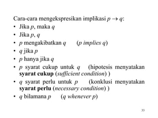Cara-cara mengekspresikan implikasi p  q: 
• Jika p, maka q 
• Jika p, q 
• p mengakibatkan q (p implies q) 
• q jika p 
• p hanya jika q 
• p syarat cukup untuk q (hipotesis menyatakan 
33 
syarat cukup (sufficient condition) ) 
• q syarat perlu untuk p (konklusi menyatakan 
syarat perlu (necessary condition) ) 
• q bilamana p (q whenever p) 
 