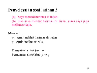 63 
Penyelesaian soal latihan 3 
(a) Saya melihat harimau di hutan. 
(b) Jika saya melihat harimau di hutan, maka saya juga 
melihat srigala. 
Misalkan 
p : Amir melihat harimau di hutan 
q : Amir melihat srigala 
Pernyataan untuk (a): p 
Pernyataan untuk (b): p  q 
 
