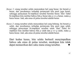 Kasus 1: orang tersebut selalu menyatakan hal yang benar. Ini berarti p 
benar, dan jawabannya terhadap pertanyaan kita pasti juga benar, 
sehingga pernyataan bi-implikasi tersebut bernilai benar. Dari Tabel 
bi-implikasi kita melihat bahwa bila p benar dan p  q benar, maka q 
harus benar. Jadi, ada emas di pulau tersebut adalah benar. 
Kasus 2: orang tersebut selalu menyatakan hal yang bohong. Ini berarti p 
salah, dan jawabannya terhadap pertanyaan kita pasti juga salah, 
sehingga pernyataan bi-implikasi tersebut salah. Dari Tabel bi-implikasi 
kita melihat bahwa bila p salah dan p  q salah, maka q 
67 
harus benar. Jadi, ada emas di pulau tersebut adalah benar. 
Dari kedua kasus, kita selalu berhasil menyimpulkan 
bahwa ada emas di pulau tersebut, meskipun kita tidak 
dapat memastikan dari suku mana orang tersebut.  
 