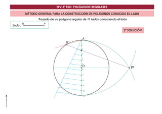 EPV 3º ESO. POLÍGONOS REGULARES 
MÉTODO GENERAL PARA LA CONSTRUCCIÓN DE POLÍGONOS CONOCIDO EL LADO 
Trazado de un polígono regular de 11 lados conociendo el lado 
2ª SOLUCIÓN 
Lado : 
A´ 
O 
B A 
P 
1 
2 
3 
4 
5 
6 
7 
8 
9 
10 
11 
B´ 
 