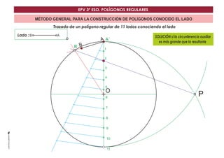 EPV 3º ESO. POLÍGONOS REGULARES 
MÉTODO GENERAL PARA LA CONSTRUCCIÓN DE POLÍGONOS CONOCIDO EL LADO 
Trazado de un polígono regular de 11 lados conociendo el lado 
SOLUCIÓN si la circunferencia auxiliar 
es más grande que la resultante 
Lado :B A 
A´ 
O 
B´ B A 
P 
1 
2 
3 
4 
5 
6 
7 
8 
9 
10 
11 
 