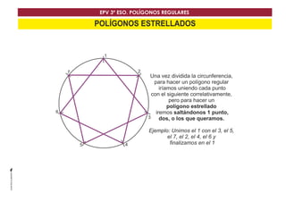 EPV 3º ESO. POLÍGONOS REGULARES 
POLÍGONOS ESTRELLADOS 
Una vez dividida la circunferencia, 
para hacer un polígono regular 
iríamos uniendo cada punto 
con el siguiente correlativamente, 
pero para hacer un 
polígono estrellado 
iremos saltándonos 1 punto, 
dos, o los que queramos. 
Ejemplo: Unimos el 1 con el 3, el 5, 
el 7, el 2, el 4, el 6 y 
finalizamos en el 1 
1 
2 
3 
5 4 
6 
7 
 