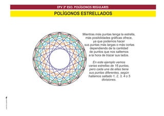 EPV 3º ESO. POLÍGONOS REGULARES 
POLÍGONOS ESTRELLADOS 
Mientras más puntas tenga la estrella, 
más posibilidades gráficas ofrece, 
ya que podemos hacer 
sus puntas más largas o más cortas 
dependiendo de la cantidad 
de puntos que nos saltemos 
a la hora de trazar sus lados. 
En este ejemplo vemos 
varias estrellas de 16 puntas, 
pero cada una de ellas tiene 
sus puntas diferentes, según 
hallamos saltado 1, 2, 3, 4 o 5 
divisiones. 
 