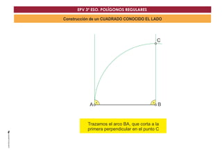 EPV 3º ESO. POLÍGONOS REGULARES 
Construcción de un CUADRADO CONOCIDO EL LADO 
C 
A B 
Trazamos el arco BDA, que corta a la 
primera perpendicular en el punto C 
 
