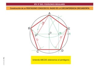 EPV 3º ESO. POLÍGONOS REGULARES 
Construcción de un PENTÁGONO CONOCIDO EL RADIO DE LA CIRCUNFERENCIA CIRCUNSCRITA 
D 
A 
O 
P 1 
B 
L5 
C 
L5 
E 
L5 
M 
Uniendo ABCDE obteDnemos el pentágono 
 