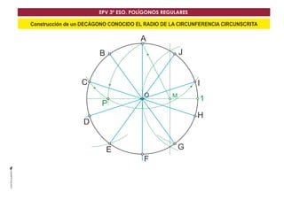 EPV 3º ESO. POLÍGONOS REGULARES 
Construcción de un DECÁGONO CONOCIDO EL RADIO DE LA CIRCUNFERENCIA CIRCUNSCRITA 
G 
A 
O 
P 1 
C 
B 
D 
E 
F 
I 
J 
H 
M 
 