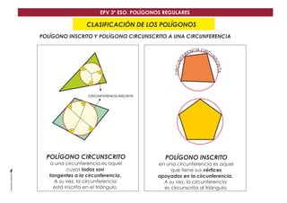 EPV 3º ESO. POLÍGONOS REGULARES 
CLASIFICACIÓN DE LOS POLÍGONOS 
POLÍGONO INSCRITO Y POLÍGONO CIRCUNSCRITO A UNA CIRCUNFERENCIA 
POLÍGONO INSCRITO 
en una circunferencia es aquel 
que tiene sus vértices 
apoyados en la circunferencia. 
A su vez, la circunferencia 
es circunscrita al triángulo. 
POLÍGONO CIRCUNSCRITO 
a una circunferencia es aquel 
cuyos lados son 
tangentes a la circunferencia. 
A su vez, la circunferencia 
está inscrita en el triángulo. 
IA C C 
IR 
N 
C 
E 
U 
R 
N 
E 
S 
F 
C 
N 
R 
U 
I 
C 
T A 
R 
I 
C 
CIRCUNFERENCIA INSCRITA 
 