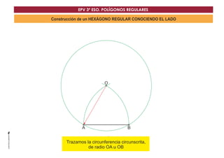EPV 3º ESO. POLÍGONOS REGULARES 
Construcción de un HEXÁGONO REGULAR CONOCIENDO EL LADO 
O 
AA B 
Trazamos la circunfeDrencia circunscrita, 
de radio OA u OB 
 