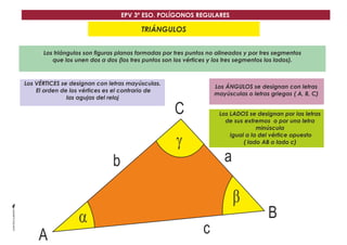 EPV 3º ESO. POLÍGONOS REGULARES 
Los triángulos son figuras planas formadas por tres puntos no alineados y por tres segmentos 
que los unen dos a dos (los tres puntos son los vértices y los tres segmentos los lados). 
Los VÉRTICES se designan con letras mayúsculas. 
El orden de los vértices es el contrario de 
las agujas del reloj 
Los ÁNGULOS se designan con letras 
mayúsculas o letras griegas ( A, B, C) 
Los LADOS se designan por las letras 
de sus extremos o por una letra 
minúscula 
igual a la del vértice opuesto 
( lado AB o lado c) 
A 
a 
g 
b 
c 
C 
B 
b 
g 
a 
TRIÁNGULOS 
 