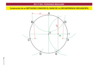 EPV 3º ESO. POLÍGONOS REGULARES 
Construcción de un HEPTÁGONO CONOCIDO EL RADIO DE LA CIRCUNFERENCIA CIRCUNSCRITA 
A 
B G 
O 
C 
D E 
1 M 
F 
L7 
L7 
 