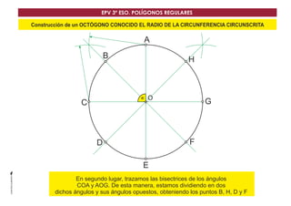 EPV 3º ESO. POLÍGONOS REGULARES 
Construcción de un OCTÓGONO CONOCIDO EL RADIO DE LA CIRCUNFERENCIA CIRCUNSCRITA 
A 
B H 
O G 
C 
D F 
E 
En segundo lugar, trazamos laDs bisectrices de los ángulos 
COA y AOG. De esta manera, estamos dividiendo en dos 
dichos ángulos y sus ángulos opuestos, obteniendo los puntos B, H, D y F 
 