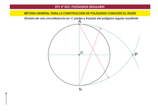 EPV 3º ESO. POLÍGONOS REGULARES 
MÉTODO GENERAL PARA LA CONSTRUCCIÓN DE POLÍGONOS CONOCIDO EL RADIO 
División de una circunferencia en 11 partes y trazado del polígono regular resultante 
A 
O 
P 
N 
 