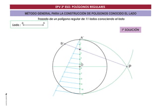 EPV 3º ESO. POLÍGONOS REGULARES 
MÉTODO GENERAL PARA LA CONSTRUCCIÓN DE POLÍGONOS CONOCIDO EL LADO 
Trazado de un polígono regular de 11 lados conociendo el lado 
Lado : 
A´ 
O 
B´ 
B A 
P 
1 
2 
3 
4 
5 
6 
7 
8 
9 
10 
11 
1ª SOLUCIÓN 
 