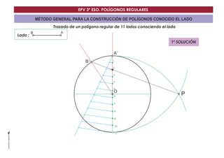 EPV 3º ESO. POLÍGONOS REGULARES 
MÉTODO GENERAL PARA LA CONSTRUCCIÓN DE POLÍGONOS CONOCIDO EL LADO 
Trazado de un polígono regular de 11 lados conociendo el lado 
Lado : 
A´ 
O 
B´ 
B A 
P 
1 
2 
3 
4 
5 
6 
7 
8 
9 
10 
11 
1ª SOLUCIÓN 
 