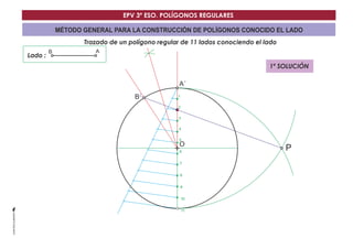 EPV 3º ESO. POLÍGONOS REGULARES 
MÉTODO GENERAL PARA LA CONSTRUCCIÓN DE POLÍGONOS CONOCIDO EL LADO 
Trazado de un polígono regular de 11 lados conociendo el lado 
Lado : 
A´ 
O 
B´ 
B A 
P 
1 
2 
3 
4 
5 
6 
7 
8 
9 
10 
11 
1ª SOLUCIÓN 
 