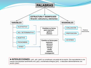 PALABRAS 
ESTRUCTURA Y SIGNIFICADO 
Oración: estructura y elementos 
VARIABLES INVARIABLES 
SUSTANTIVO 
ADJ. DETERMINATIVO 
ADJETIVO 
PRONOMBRE 
VERBO 
CONJUNCIÓN 
PREPOSICIÓN 
ADVERBIO 
Cambian su forma 
para expresar: 
-género 
-número 
Cambia su forma para 
expresar: 
-persona 
-número 
-tiempo 
-modo 
-aspecto 
-conjugación 
Palabras 
relacionantes 
►INTERJECCIONES: (¡oh!, ¡ah!, ¡bah!) no constituyen una parte de la oración. Son equivalentes a una 
oración que expresan sentimiento vivo (¡ay!), una llamada enérgica (¡eh!), o describen elementalmente una 
acción (¡zas!). 
 