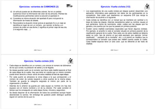 Ejercicios: variantes de CAMIONES (2) 
d) Un artículo puede ser de diferentes colores. Así en un pedido 
queremos incluir la información del color de los artículos. Plantea las 
modificaciones pertinentes sobre la solución al apartado D. 
e) Considera la misma situación del apartado B pero incluyendo la 
información de líneas de detalle. 
f) Reconsidera la situación inicial (previa al apartado A) si un viaje se 
identifica en lugar de con un número, por camión, la fecha y un 
número de orden en esa fecha (1 significa el primer viaje de ese día, 
2 el segundo viaje, ...) 
Camiones 
DBD Tema 2 61 
Ejercicio: Vuelta ciclista (1/2) 
• Los organizadores de una vuelta ciclista por etapas quieren desarrollar una 
aplicación informática para gestionar los datos de los participantes en la 
competición. Nos piden que diseñemos un esquema E/R que recoja la 
información de acuerdo a lo siguiente. 
• Cada ciclista se identifica con un dorsal que se mantiene sin cambiar a lo 
largo de todas las etapas. Además necesitamos saber su nombre, equipo al 
que pertenece, fecha de nacimiento, edad, cuáles son las etapas que ha 
ganado y los puertos por los que ha pasado en primera posición. 
• Existen varios maillots (camisetas) especiales que llevan algunos ciclistas. 
Por ejemplo, el amarillo lo viste el corredor situado en primera posición de la 
clasificación general de la vuelta. Para cada uno de estos maillots se debería 
saber su color, tipo de premio al que está asociado (por ejemplo “primer 
clasificado”, “ campeón de la montaña”, etc.) y el premio en metálico que le 
corresponderá al corredor que posea ese maillot cuando acabe la vuelta. 
Cada maillot especial tiene un solo color, que es diferente al del resto de 
maillots. 
DBD Tema 2 62 
Ejercicio: Vuelta ciclista (2/2) 
• Cada etapa se identifica con un número y se conoce el número de kilómetros 
de los que consta, la población de salida y la de llegada. 
• Se desea guardar quién es el corredor que lleva cada maillot especial al final 
de cada etapa de la vuelta. Hay que tener en cuenta que un mismo corredor 
puede tener derecho a llevar varios de estos maillots al final de capa etapa . 
• Por cada puerto se almacena la única etapa a la que corresponde y el 
número de orden de subida respecto a otros puertos de la misma etapa. 
También se guarda la categoría asignada al mismo por parte de la 
organización y la altitud. 
• Además de lo anterior se guarda por cada equipo su nombre (no hay dos 
equipos con el mismo nombre) y el de su director. Por cada corredor el 
tiempo que ha conseguido en cada etapa (horas, minutos y segundos). 
• Se desea disponer de la información de todos los corredores aunque hayan 
abandonado la carrera. Sin embargo les gustaría poder distinguir quiénes 
siguen en carrera de los que no. 
DBD Tema 2 63 
