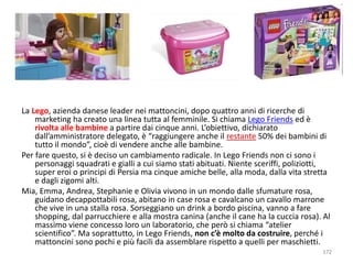 La Lego, azienda danese leader nei mattoncini, dopo quattro anni di ricerche di 
marketing ha creato una linea tutta al femminile. Si chiama Lego Friends ed è 
rivolta alle bambine a partire dai cinque anni. L’obiettivo, dichiarato 
dall’amministratore delegato, è “raggiungere anche il restante 50% dei bambini di 
tutto il mondo”, cioè di vendere anche alle bambine. 
Per fare questo, si è deciso un cambiamento radicale. In Lego Friends non ci sono i 
personaggi squadrati e gialli a cui siamo stati abituati. Niente sceriffi, poliziotti, 
super eroi o principi di Persia ma cinque amiche belle, alla moda, dalla vita stretta 
e dagli zigomi alti. 
Mia, Emma, Andrea, Stephanie e Olivia vivono in un mondo dalle sfumature rosa, 
guidano decappottabili rosa, abitano in case rosa e cavalcano un cavallo marrone 
che vive in una stalla rosa. Sorseggiano un drink a bordo piscina, vanno a fare 
shopping, dal parrucchiere e alla mostra canina (anche il cane ha la cuccia rosa). Al 
massimo viene concesso loro un laboratorio, che però si chiama “atelier 
scientifico”. Ma soprattutto, in Lego Friends, non c’è molto da costruire, perché i 
mattoncini sono pochi e più facili da assemblare rispetto a quelli per maschietti. 
172 
 