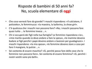 Risposte di bambini di 50 anni fa? 
No, scuola elementare di oggi 
• Che cosa vorresti fare da grande? I maschi rispondono: «il calciatore, il 
poliziotto», le femminucce: «la maestra, la ballerina, la show girl». 
• C'è qualcosa che i maschi non possono fare? «No, i maschi possono fare 
quasi tutto ... le femmine invece ...». 
• Chi si occuperà dei figli nella tua famiglia? Le femmine rispondono «io», 
«mio marito quando io devo andare a fare la spesa», «le mamme devono 
badare ai figli perché i papà devono andare a lavorare per guadagnare». I 
maschi rispondono: «la mia sposa», «le femmine devono stare a casa per 
fare il mangiare, le pulizie ...». 
• Sei contento di essere maschio? «Sì, perché posso fare delle cose che le 
femmine non possono fare». Sei contenta di essere femmina? «Sì, perché i 
nostri vestiti sono più belli». 
18 
 