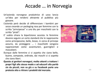 Accade … in Norvegia 
Un’azienda norvegese produttrice di uova lancia 
un’idea per rendersi attraente al pubblico più 
giovane. 
L’azienda però decide di differenziare i bambini per 
sesso creando un packaging rosa per femmine con la 
scritta “principesse” e uno blu per maschietti con la 
scritta “pirati”. 
E’ subito chiara la bipartizione sessista: le femmine 
devono seguire un certo standard che le rappresenta 
come principessine, belle, brave, in cerca di principe 
azzurro, da proteggere … i maschietti vengono 
rappresentati come avventurieri, guerriglieri e 
mascalzoni. 
Dunque dalle femmine ci si aspetta che siano belle, 
buone, composte, ordinate, dai maschi ci si aspetta 
che siano liberi. 
Questo ai genitori norvegesi, molto attenti a trattare i 
propri figli allo stesso modo e ad educarli alla parità 
sin da piccoli, non va giù e su Facebook parte una 
protesta atta a ritirare i prodotti dal mercato. 180 
 