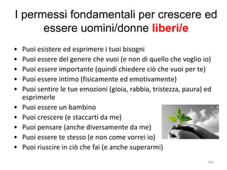 I permessi fondamentali per crescere ed 
essere uomini/donne liberi/e 
• Puoi esistere ed esprimere i tuoi bisogni 
• Puoi essere del genere che vuoi (e non di quello che voglio io) 
• Puoi essere importante (quindi chiedere ciò che vuoi per te) 
• Puoi essere intimo (fisicamente ed emotivamente) 
• Puoi sentire le tue emozioni (gioia, rabbia, tristezza, paura) ed 
esprimerle 
• Puoi essere un bambino 
• Puoi crescere (e staccarti da me) 
• Puoi pensare (anche diversamente da me) 
• Puoi essere te stesso (e non come vorrei io) 
• Puoi riuscire in ciò che fai (e anche superarmi) 
199 
 