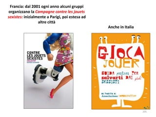 Francia: dal 2001 ogni anno alcuni gruppi 
organizzano la Campagne contre les jouets 
sexistes: inizialmente a Parigi, poi estesa ad 
altre città 
Anche in Italia 
205 
 