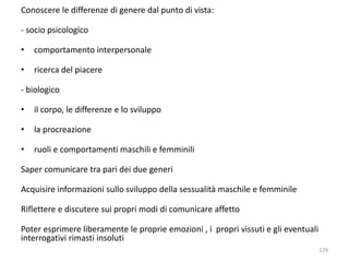 Conoscere le differenze di genere dal punto di vista: 
- socio psicologico 
• comportamento interpersonale 
• ricerca del piacere 
- biologico 
• il corpo, le differenze e lo sviluppo 
• la procreazione 
• ruoli e comportamenti maschili e femminili 
Saper comunicare tra pari dei due generi 
Acquisire informazioni sullo sviluppo della sessualità maschile e femminile 
Riflettere e discutere sui propri modi di comunicare affetto 
Poter esprimere liberamente le proprie emozioni , i propri vissuti e gli eventuali 
interrogativi rimasti insoluti 
229 
 