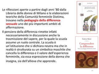 Le riflessioni aperte a partire dagli anni ‘80 dalla 
Libreria delle donne di Milano e le elaborazioni 
teoriche della Comunità femminile Diotima, 
trovano nella pedagogia della differenza 
sessuale uno dei più importanti ambiti di 
affermazione. 
Il pensiero della differenza rimette infatti 
necessariamente in discussione anche la 
trasmissione del sapere, per la quale la scuola 
assume un ruolo centrale. La scuola è 
un’istituzione che si dichiara neutra ma che in 
realtà è strutturata su un simbolico maschile che 
cancella la differenza e il valore dell'esperienza 
femminile, sia essa espressione della donna che 
insegna, sia dell'allieva che apprende. 
29 
 