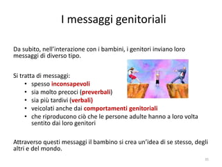 I messaggi genitoriali 
Da subito, nell’interazione con i bambini, i genitori inviano loro 
messaggi di diverso tipo. 
Si tratta di messaggi: 
• spesso inconsapevoli 
• sia molto precoci (preverbali) 
• sia più tardivi (verbali) 
• veicolati anche dai comportamenti genitoriali 
• che riproducono ciò che le persone adulte hanno a loro volta 
sentito dai loro genitori 
Attraverso questi messaggi il bambino si crea un’idea di se stesso, degli 
altri e del mondo. 
35 
 