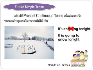 Module 2.4 Tenses 
Future Simple Tense 
แต่จะใช้ Present Continuous Tense เพื่อทำ นำยหรือ 
พยำกรณ์เหตุกำรณ์ในอนำคตไม่ได้ เช่น 
It’s snowing tonight. 
It is going to 
snow tonight. 
 