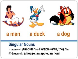 Singular Nouns 
นามเอกพจน์ (Singular) จะมี article (a/an, the) เป็น 
ตัวบ่งบอก เช่น a house, an apple, an hour 
 