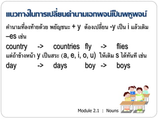 แนวทางในการเปลี่ยนคา นามเอกพจน์เป็นพหูพจน์ 
คำ นำมที่ลงท้ำยด้วย พยัญชนะ + y ต้องเปลี่ยน -y เป็น i แล้วเติม 
–es เช่น 
country -> countries fly -> flies 
แต่ถ้ำข้ำงหน้ำ y เป็นสระ (a, e, i, o, u) ให้เติม s ได้ทันที เช่น 
day -> days boy -> boys 
Module 2.1 : Nouns 
 