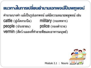 แนวทางในการเปลี่ยนคา นามเอกพจน์เป็นพหูพจน์ 
คำนำมบำงคำ แม้เป็นรูปเอกพจน์ แต่มีควำมหมำยพหูพจน์เช่น 
cattle (ฝูงโคกระบือ) military (กองทหำร) 
people (ประชำชน) police (กองตำรวจ) 
vermin (สัตว์/แมลงที่ทำ ลำยพืชและอำหำรมนุษย์) 
Module 2.1 : Nouns 
 
