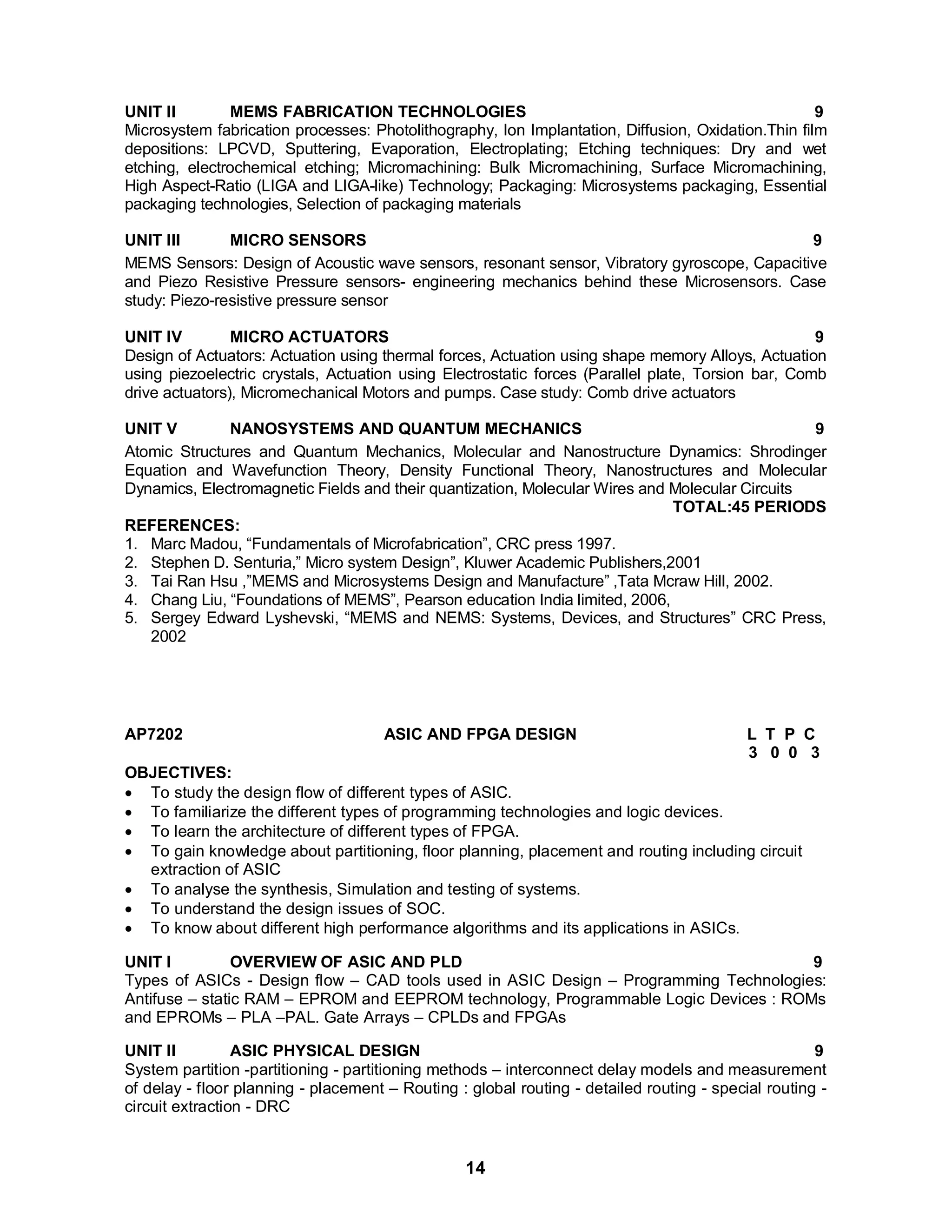 UNIT II MEMS FABRICATION TECHNOLOGIES 9 
Microsystem fabrication processes: Photolithography, Ion Implantation, Diffusion, Oxidation.Thin film 
depositions: LPCVD, Sputtering, Evaporation, Electroplating; Etching techniques: Dry and wet 
etching, electrochemical etching; Micromachining: Bulk Micromachining, Surface Micromachining, 
High Aspect-Ratio (LIGA and LIGA-like) Technology; Packaging: Microsystems packaging, Essential 
packaging technologies, Selection of packaging materials 
UNIT III MICRO SENSORS 9 
MEMS Sensors: Design of Acoustic wave sensors, resonant sensor, Vibratory gyroscope, Capacitive 
and Piezo Resistive Pressure sensors- engineering mechanics behind these Microsensors. Case 
study: Piezo-resistive pressure sensor 
UNIT IV MICRO ACTUATORS 9 
Design of Actuators: Actuation using thermal forces, Actuation using shape memory Alloys, Actuation 
using piezoelectric crystals, Actuation using Electrostatic forces (Parallel plate, Torsion bar, Comb 
drive actuators), Micromechanical Motors and pumps. Case study: Comb drive actuators 
UNIT V NANOSYSTEMS AND QUANTUM MECHANICS 9 
Atomic Structures and Quantum Mechanics, Molecular and Nanostructure Dynamics: Shrodinger 
Equation and Wavefunction Theory, Density Functional Theory, Nanostructures and Molecular 
Dynamics, Electromagnetic Fields and their quantization, Molecular Wires and Molecular Circuits 
14 
TOTAL:45 PERIODS 
REFERENCES: 
1. Marc Madou, “Fundamentals of Microfabrication”, CRC press 1997. 
2. Stephen D. Senturia,” Micro system Design”, Kluwer Academic Publishers,2001 
3. Tai Ran Hsu ,”MEMS and Microsystems Design and Manufacture” ,Tata Mcraw Hill, 2002. 
4. Chang Liu, “Foundations of MEMS”, Pearson education India limited, 2006, 
5. Sergey Edward Lyshevski, “MEMS and NEMS: Systems, Devices, and Structures” CRC Press, 
2002 
AP7202 ASIC AND FPGA DESIGN L T P C 
3 0 0 3 OBJECTIVES: 
 To study the design flow of different types of ASIC. 
 To familiarize the different types of programming technologies and logic devices. 
 To learn the architecture of different types of FPGA. 
 To gain knowledge about partitioning, floor planning, placement and routing including circuit 
extraction of ASIC 
 To analyse the synthesis, Simulation and testing of systems. 
 To understand the design issues of SOC. 
 To know about different high performance algorithms and its applications in ASICs. 
UNIT I OVERVIEW OF ASIC AND PLD 9 
Types of ASICs - Design flow – CAD tools used in ASIC Design – Programming Technologies: 
Antifuse – static RAM – EPROM and EEPROM technology, Programmable Logic Devices : ROMs 
and EPROMs – PLA –PAL. Gate Arrays – CPLDs and FPGAs 
UNIT II ASIC PHYSICAL DESIGN 9 
System partition -partitioning - partitioning methods – interconnect delay models and measurement 
of delay - floor planning - placement – Routing : global routing - detailed routing - special routing - 
circuit extraction - DRC 
 
