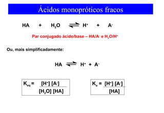 Ácidos monopróticos fracos 
HA + H2O H+ + A-HA 
Par conjugado ácido/base – HA/A- e H2O/H+ 
Ou, mais simplificadamente: 
H+ + A-Keq 
= [H+] [A-] 
[H2O] [HA] 
Ka = [H+] [A-] 
[HA] 
 