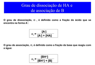 Grau de dissociação de HA e 
de associação de B 
O grau de dissociação, a , é definido como a fração do ácido que se 
encontra na forma A-: 
[A-] 
a [A-] + [HA] a = 
O grau de associação, a, é definido como a fração da base que reagiu com 
a água: 
[BH+] 
a [BH+] + [B] b = 
 