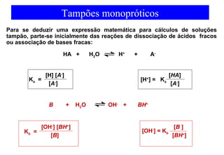 Tampões monopróticos 
Para se deduzir uma expressão matemática para cálculos de soluções 
tampão, parte-se inicialmente das reações de dissociação de ácidos fracos 
ou associação de bases fracas: 
HA + H2O H+ + A-B 
+ H2O OH- + BH+ 
[OH-] [BH+] 
[Kb = B] 
[B ] 
[BH+] 
[OH-] = Kb 
[H] [A-] 
K a = [A-] 
[HA] 
[ H [A-] +] = Ka 
 