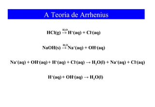 A Teoria de Arrhenius 
H2O 
HCl(g) → H+(aq) + Cl-(aq) 
NaOH(s) → Na+(aq) + OH-(aq) H2O 
Na+(aq) + OH-(aq) + H+(aq) + Cl-(aq) → H2O(l) + Na+(aq) + Cl-(aq) 
H+(aq) + OH-(aq) → H2O(l) 
 