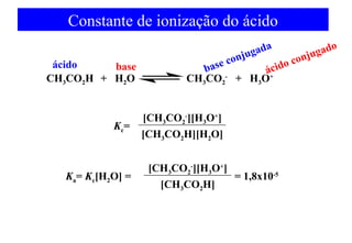 Constante de ionização do ácido 
base conjugada CH3CO2H + H2O CH3CO2 
Kc= 
[CH3CO2 
-][H3O+] 
[CH3CO2H][H2O] 
[CH3CO2 
-][H3O+] 
Ka= Kc[H2O] = = 1,8x10-5 
[CH3CO2H] 
ácido base 
ácido conjugado 
- + H3O+ 
 