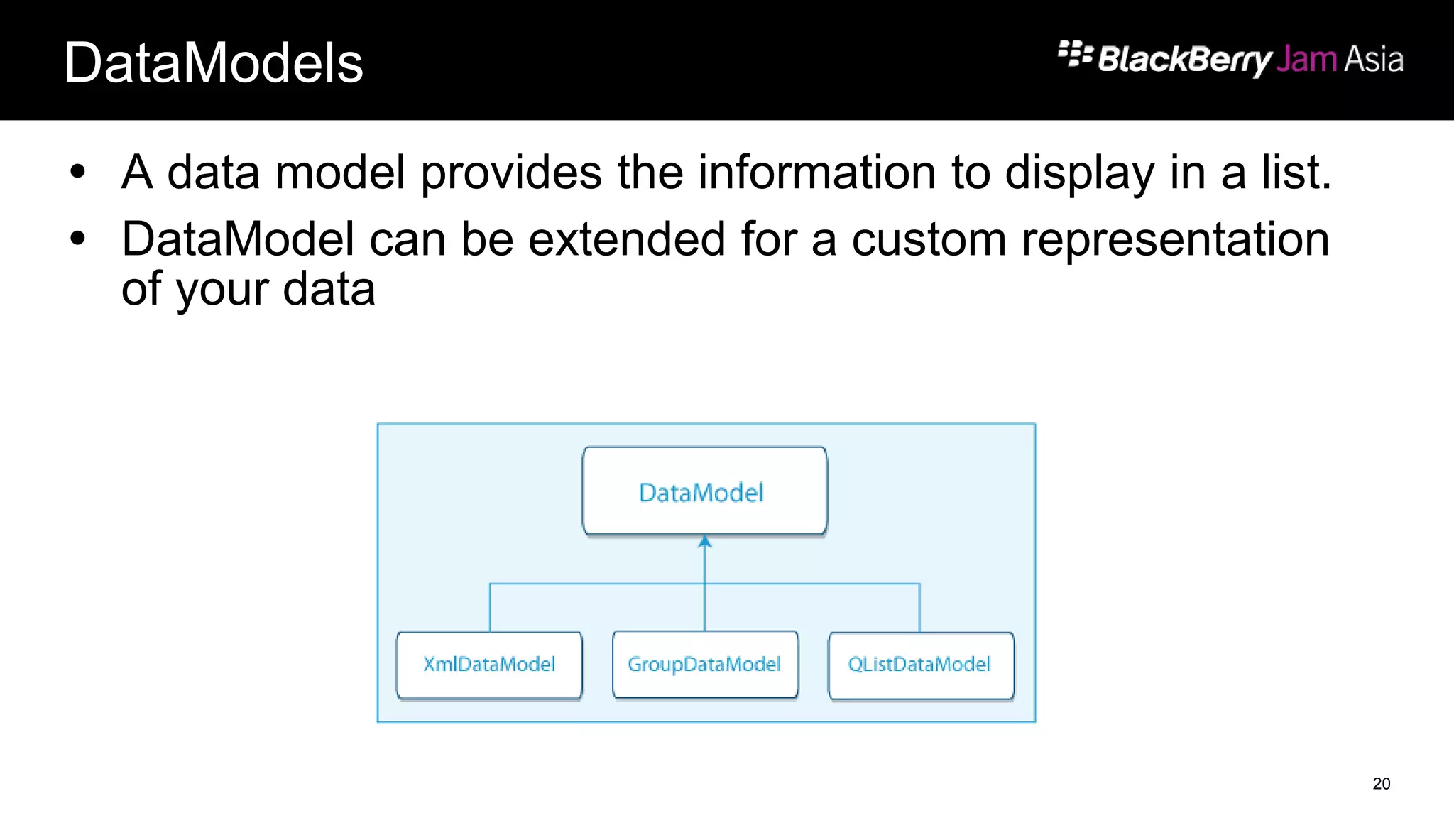 DataModels
 A data model provides the information to display in a list.
 DataModel can be extended for a custom representation
of your data
20
 