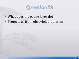 What does the ozone layer do? Protects us from ultraviolet radiation 