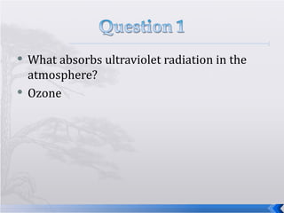 What absorbs ultraviolet radiation in the atmosphere? Ozone 