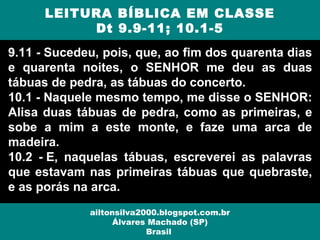 9.11 - Sucedeu, pois, que, ao fim dos quarenta dias
e quarenta noites, o SENHOR me deu as duas
tábuas de pedra, as tábuas do concerto.
10.1 - Naquele mesmo tempo, me disse o SENHOR:
Alisa duas tábuas de pedra, como as primeiras, e
sobe a mim a este monte, e faze uma arca de
madeira.
10.2 - E, naquelas tábuas, escreverei as palavras
que estavam nas primeiras tábuas que quebraste,
e as porás na arca.
LEITURA BÍBLICA EM CLASSE
Dt 9.9-11; 10.1-5
ailtonsilva2000.blogspot.com.br
Álvares Machado (SP)
Brasil
 