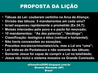 PROPOSTA DA LIÇÃO
ailtonsilva2000.blogspot.com.br
Álvares Machado (SP)
Brasil
• Tábuas da Lei: couberam certinho na Arca da Aliança;
• Divisão das tábuas: 5 mandamentos em cada uma?
• Israel esqueceu rapidamente o prometido (Ex 24.7);
• Moisés intercedeu pelo povo e o pacto foi renovado;
• 10 mandamentos: “As dez palavras”, “decálogo”;
• Classificação: teológico e ético (vertical e horizontal);
• Não havia concessões ou exceções;
• Preceitos morais/cerimoniais/civis, mas a Lei era “uma”;
• Lei: trata-se do Pentateuco e não somente das tábuas;
• Somente Jesus foi capaz de cumprir a Lei na totalidade;
• Jesus não inclui o sistema mosaico na Grande Comissão.
 