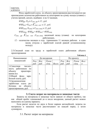 перечень
4.ИТОГО
Фонд заработной платы по объекту проектирования рассчитывается как
произведение количества работников по категориям на сумму оклада (ставки) с
учетом премий, доплат, надбавок и на 12 месяцев.
ФЗПрр= Рш х Смес, рр х 12 , руб.
ФЗПвсп=Рвсп х Смес. всп х 12 , руб.
ФЗПспец=Ncпец х Смес.спец х 12, руб
ФЗПобщ= ФЗПрр+ФЗПвсп+ ФЗПспец
Смес, рр ,Смес. всп ,Смес.спец -месячный оклад (ставка) по категориям
работающих.
12 - количество месяцев в году (принимаем 11 месяцев рабочих и один
месяц отпуска с заработной платой равной установленному
окладу).
2.3.Сводный план по труду и заработной плате работников объекта
проектирования
Таблица 4
Наименование
показателей
До внедрения По проекту
Рем
раб
Всп
раб
Руков
спец Всего
Рем
раб
Всп
раб
Руков
спец
Всег
о
1.Списочная числен-
ность работников по
объекту проектиро-
вания,чел. х х х х х х
2.Общий фонд зара-
ботной платы, руб.
3.Среднемесячная
заработная плата ра-
ботника по объекту
проектирования, руб. х х х х х х
3. Смета затрат на материалы и запасные части
Затраты на материалы и запасные части зависят от общего пробега, так
как общий пробег одинаковый до и после внедрения, данный расчет можно
выполнять по одному варианту.
Если расчет ведется по двум и более маркам автомобилей, затраты на
материалы и запасные части рассчитывают по каждой марке, а затем
суммируют.
3.1. Расчет затрат на материалы
1
 